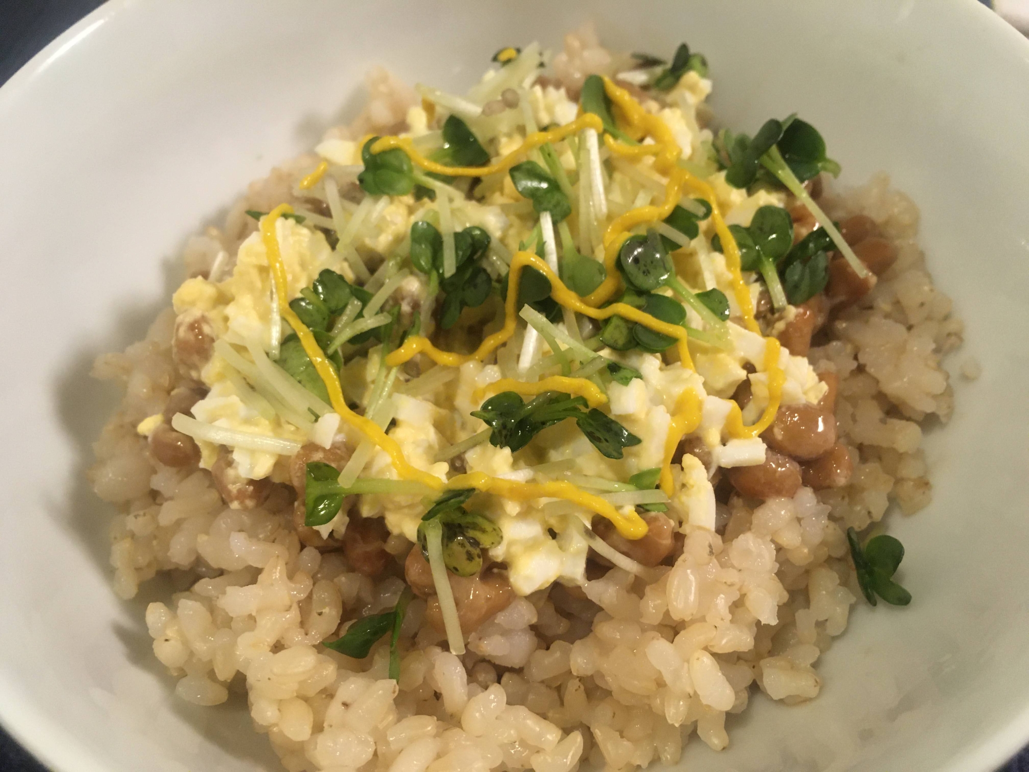 ゆで卵、カイワレ大根の玄米納豆丼