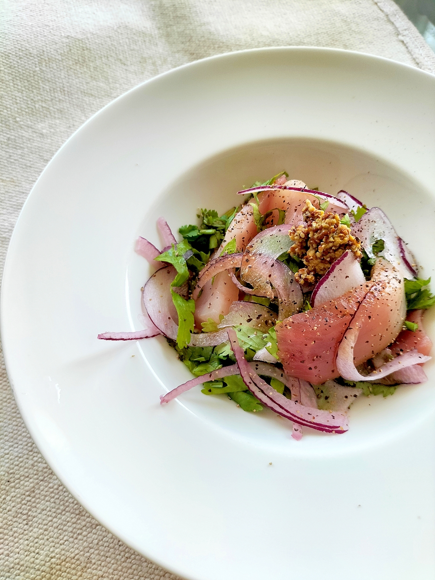 まぐろとパクチーの粒マスタード和え♪