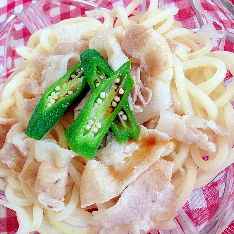 オクラと豚しゃぶの冷やしうどん♡