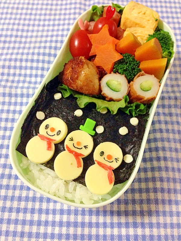 簡単キャラ弁☆　○型でゆきだるまのお弁当♪