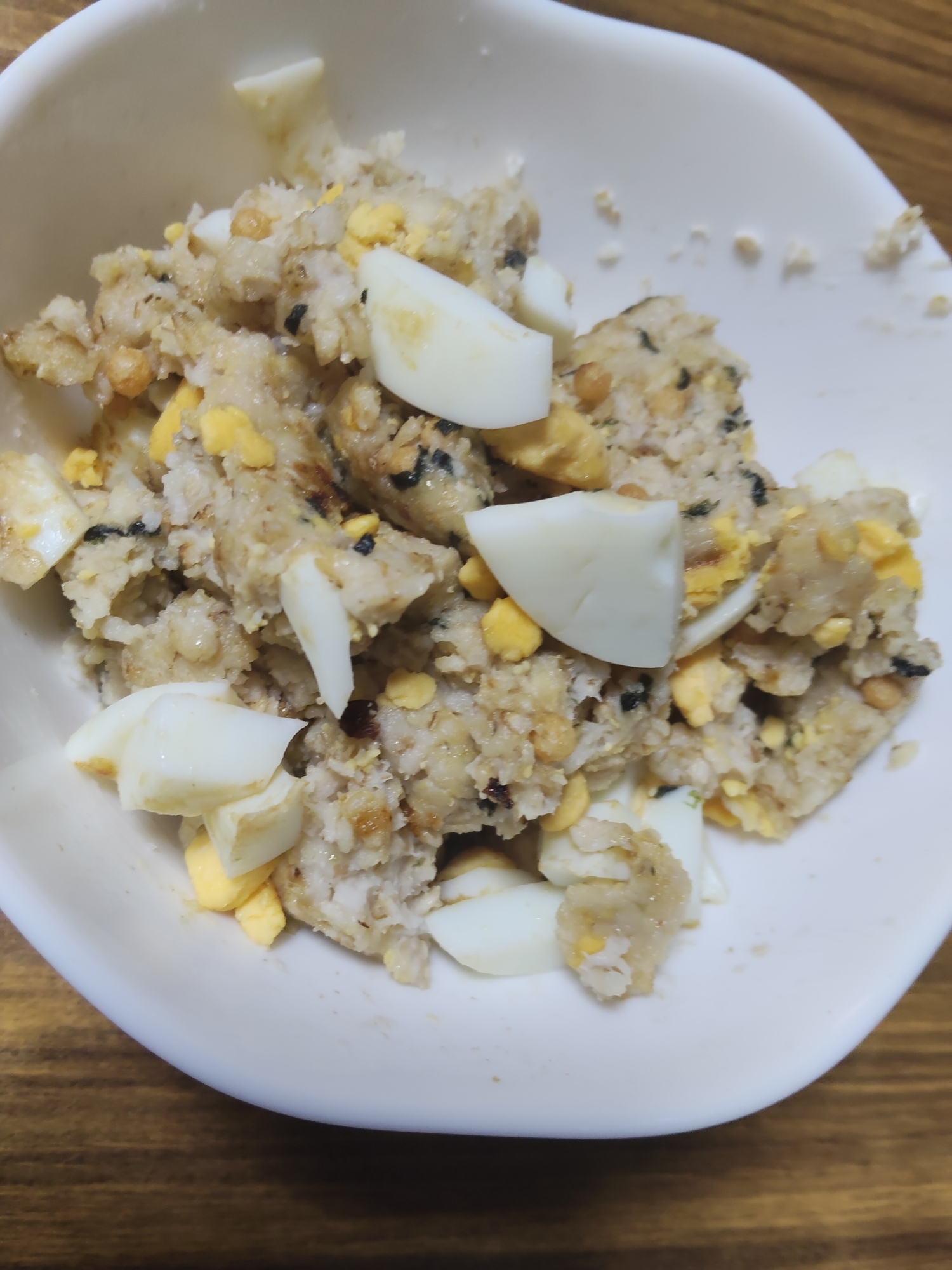 ゆで卵とオートミールの海苔茶漬け炒め