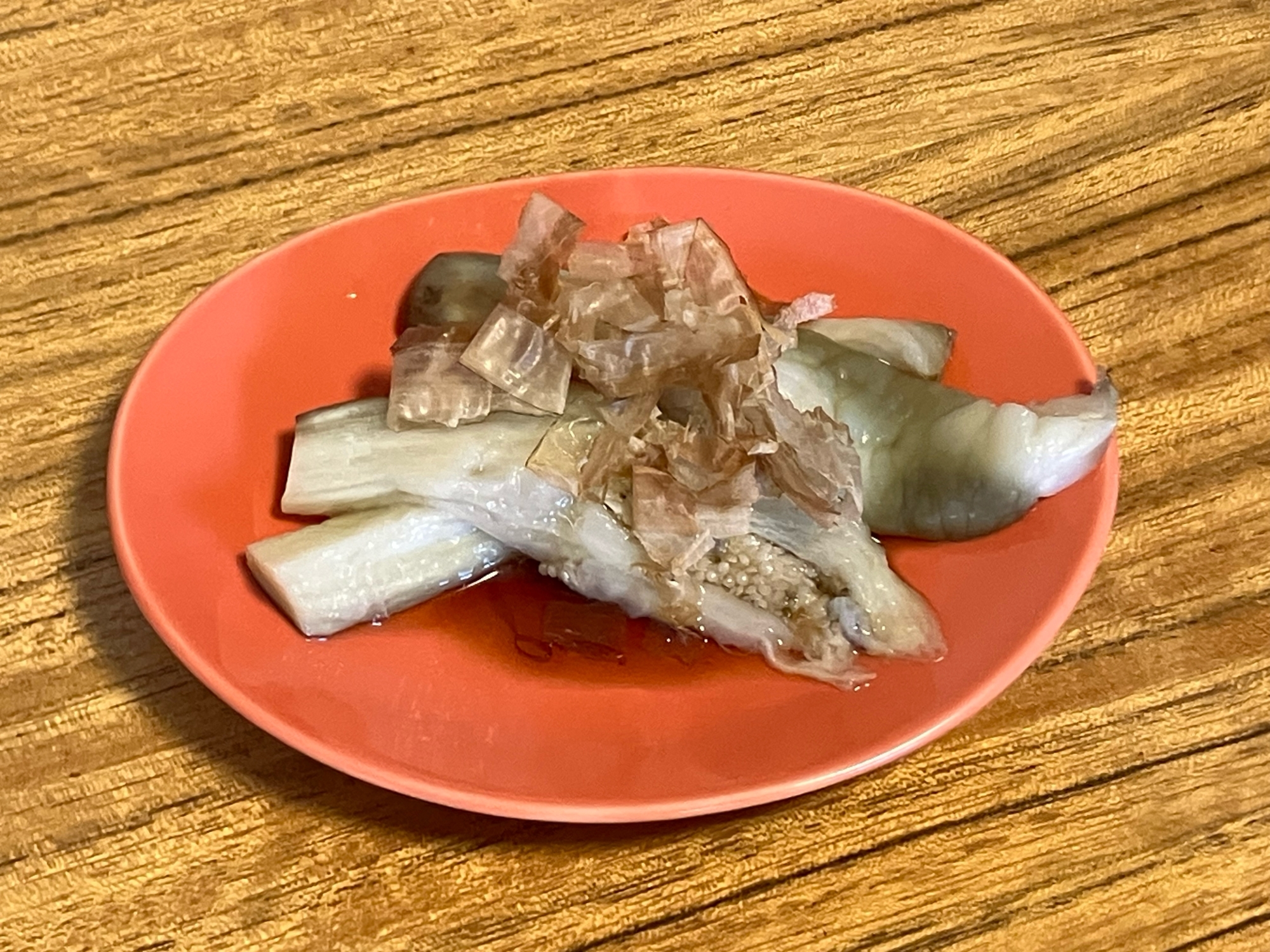 うちのおかず　レンジで簡単　蒸しナスおかか和え