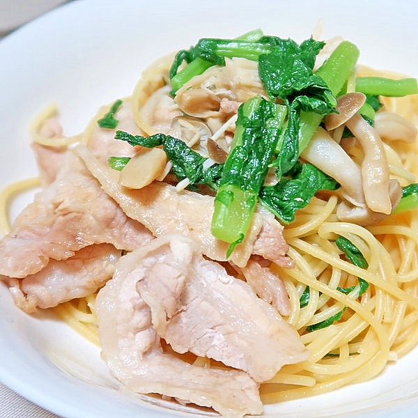 大根菜ときのこと豚肉のバター醤油スパ☆減塩・低カリ