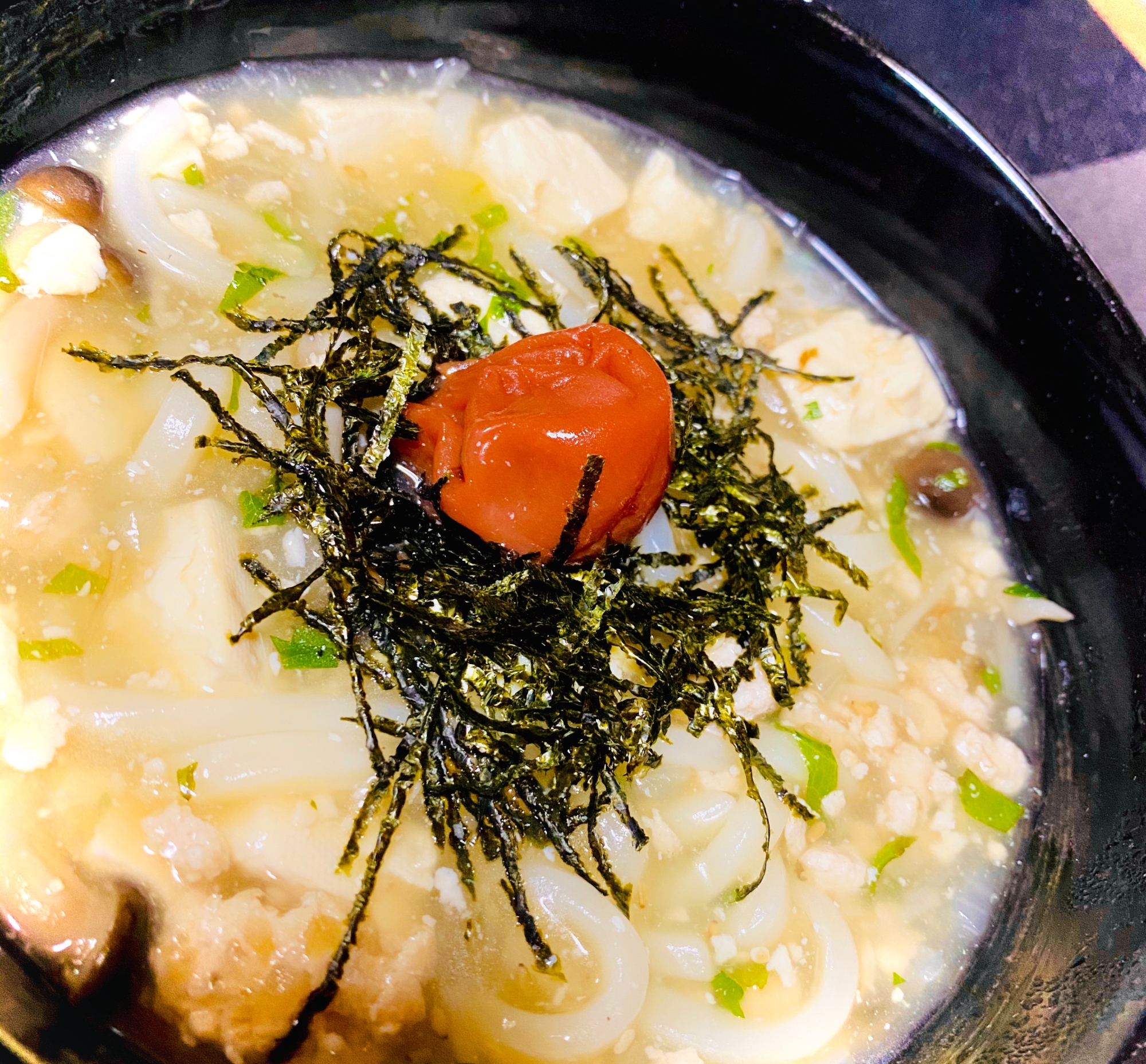 塩麻婆リメイク♪とろっと梅あんかけうどん