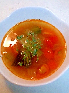 小松菜と玉ねぎとトマトのスープ