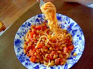 作り置きで簡単！大豆のトマト煮込みのスパゲティー
