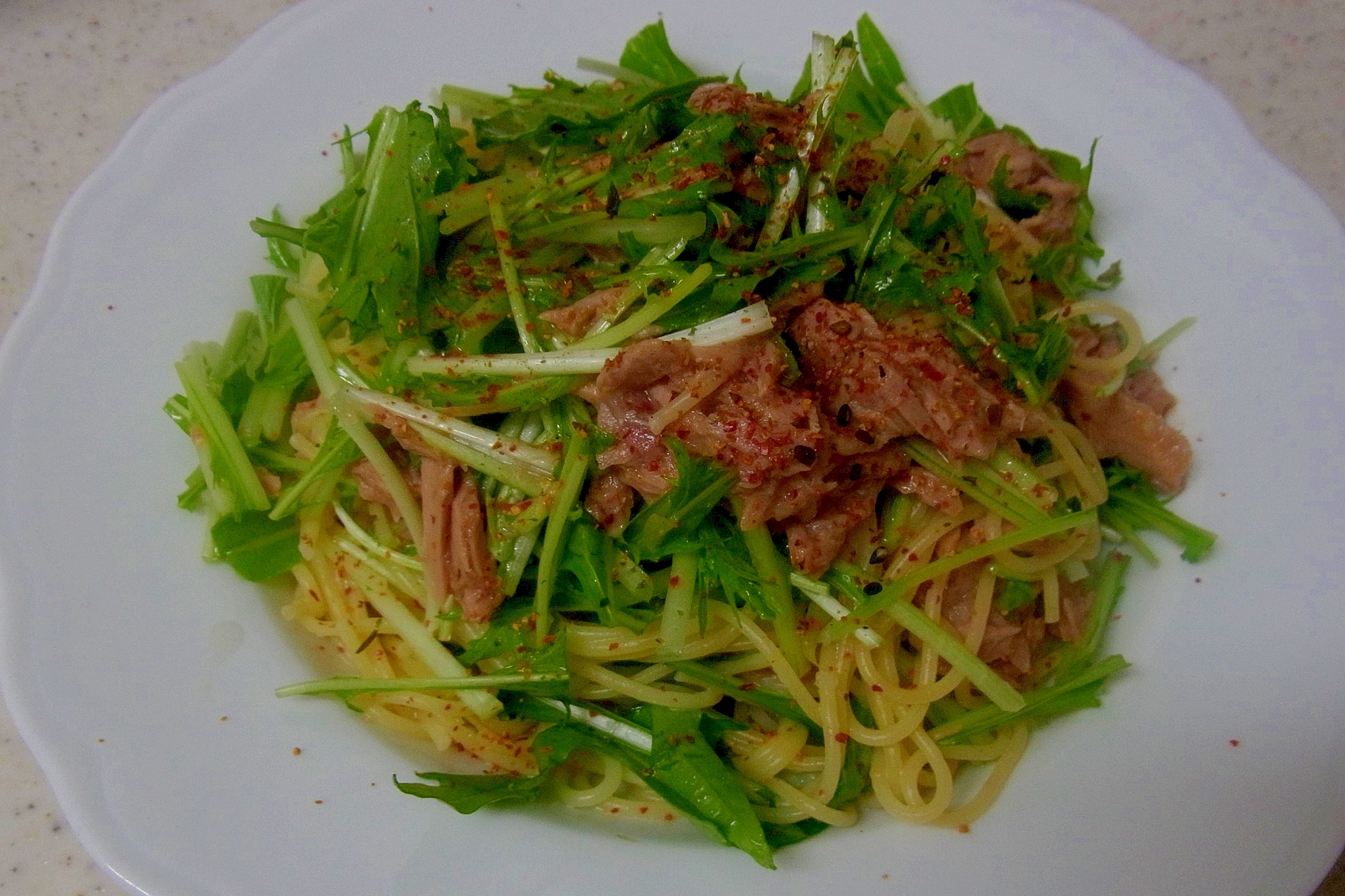 あえるだけで簡単、ツナ缶と水菜のスパゲティー