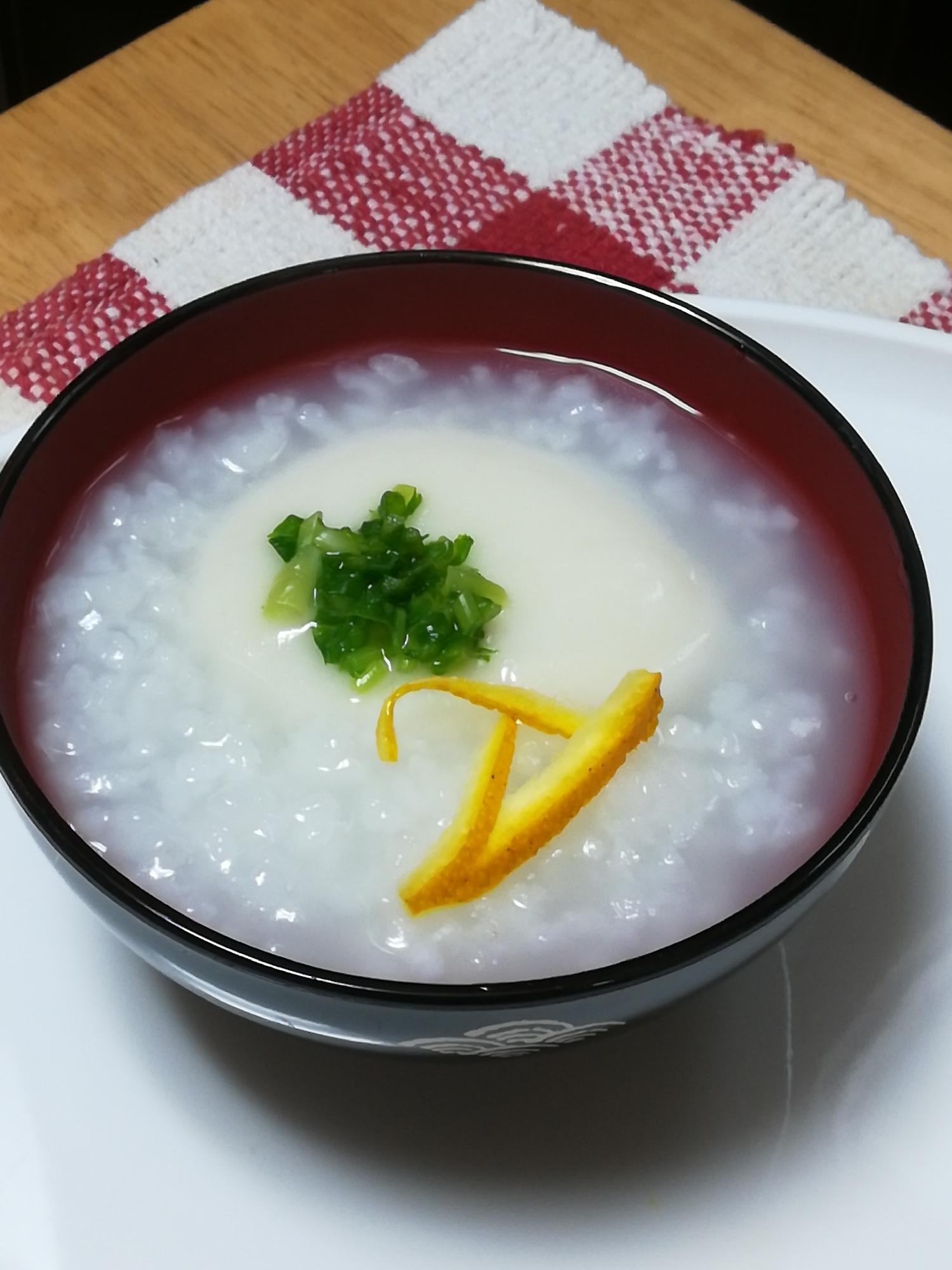 お餅入り♡七草粥♡大根葉っぱ・飾りゆずを添えて~♬