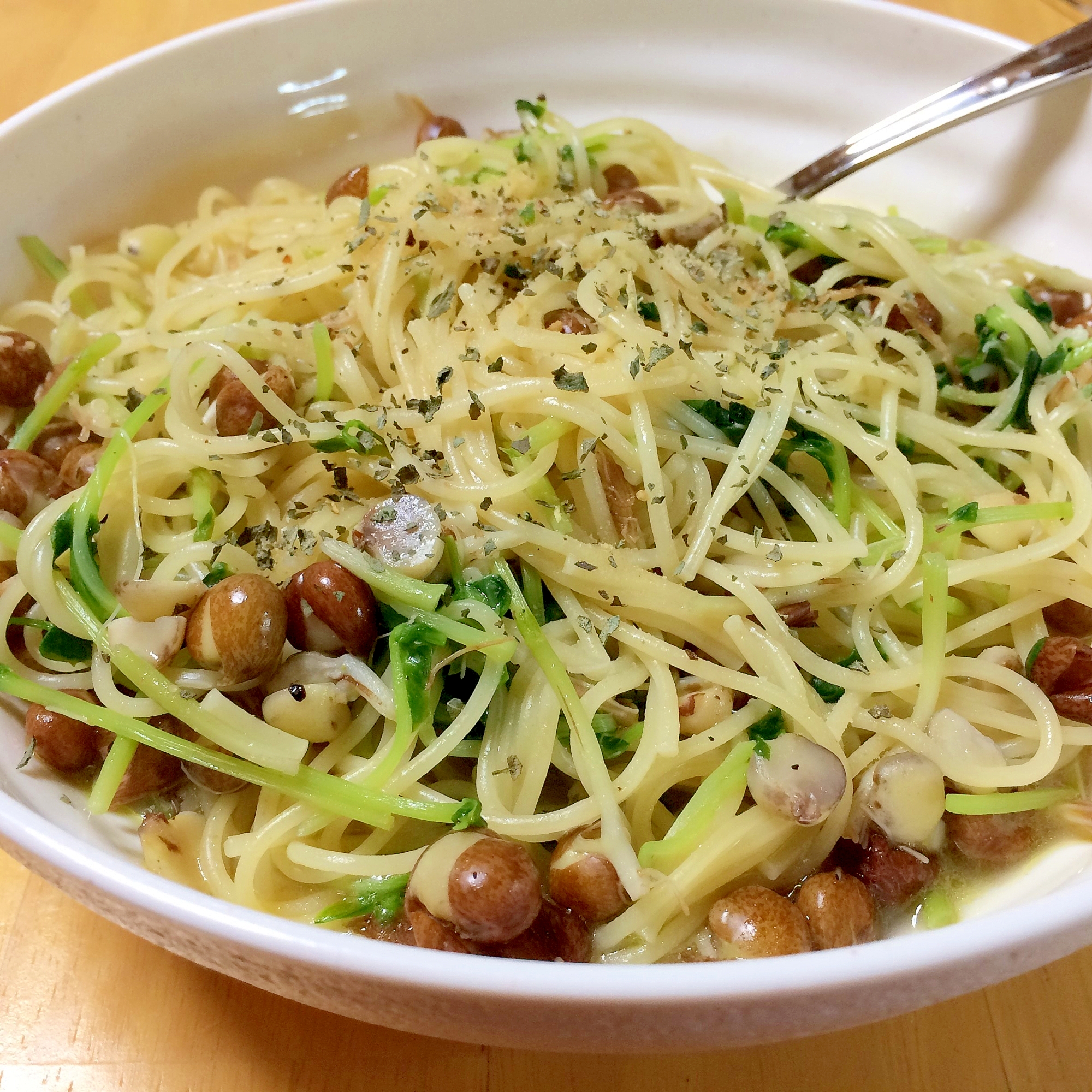 簡単・節約・時短10分、豆苗パスタ