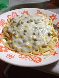 甘海老、タケノコ、グリンピースの豆乳クリームパスタ