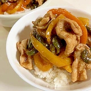 青椒肉絲の素で　☆　豚肉とピーマンとパプリカの丼