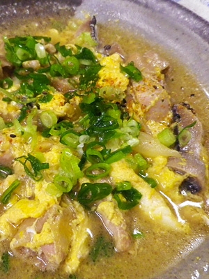 超簡単、ネギ鶏椎茸の麺つゆ卵