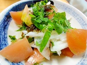 夏レシピ♪トマトと大葉と大根のもずく酢あえ