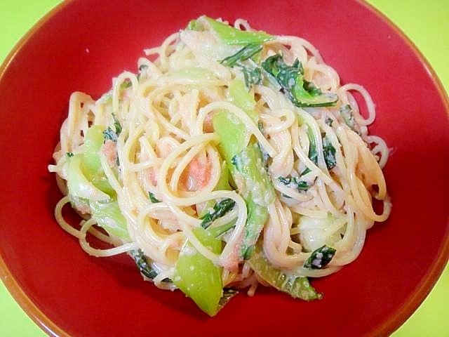 チンゲン菜と明太子のパスタ