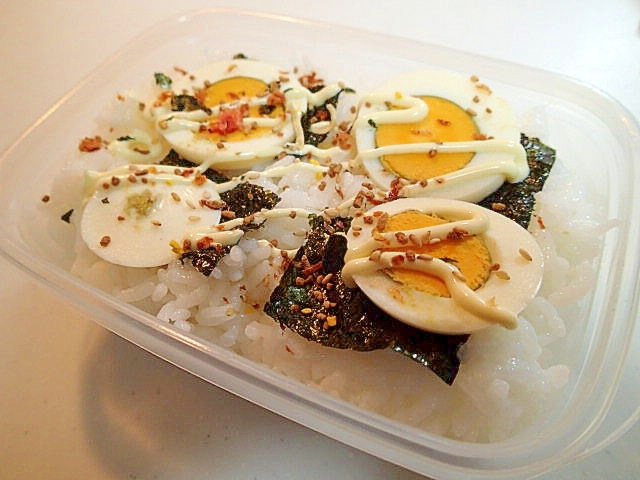 お弁当　海苔とゆで卵と小魚ふりかけのご飯