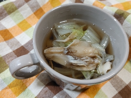 お疲れさま〜´ω`)ﾉキャベツ→白菜代用ゴメンナサイ(ﾉω`*)今夜、焼きそばだったので舞茸の香りと生姜が効いたスープがあっさりさっぱり良き相性で美味しく39♪