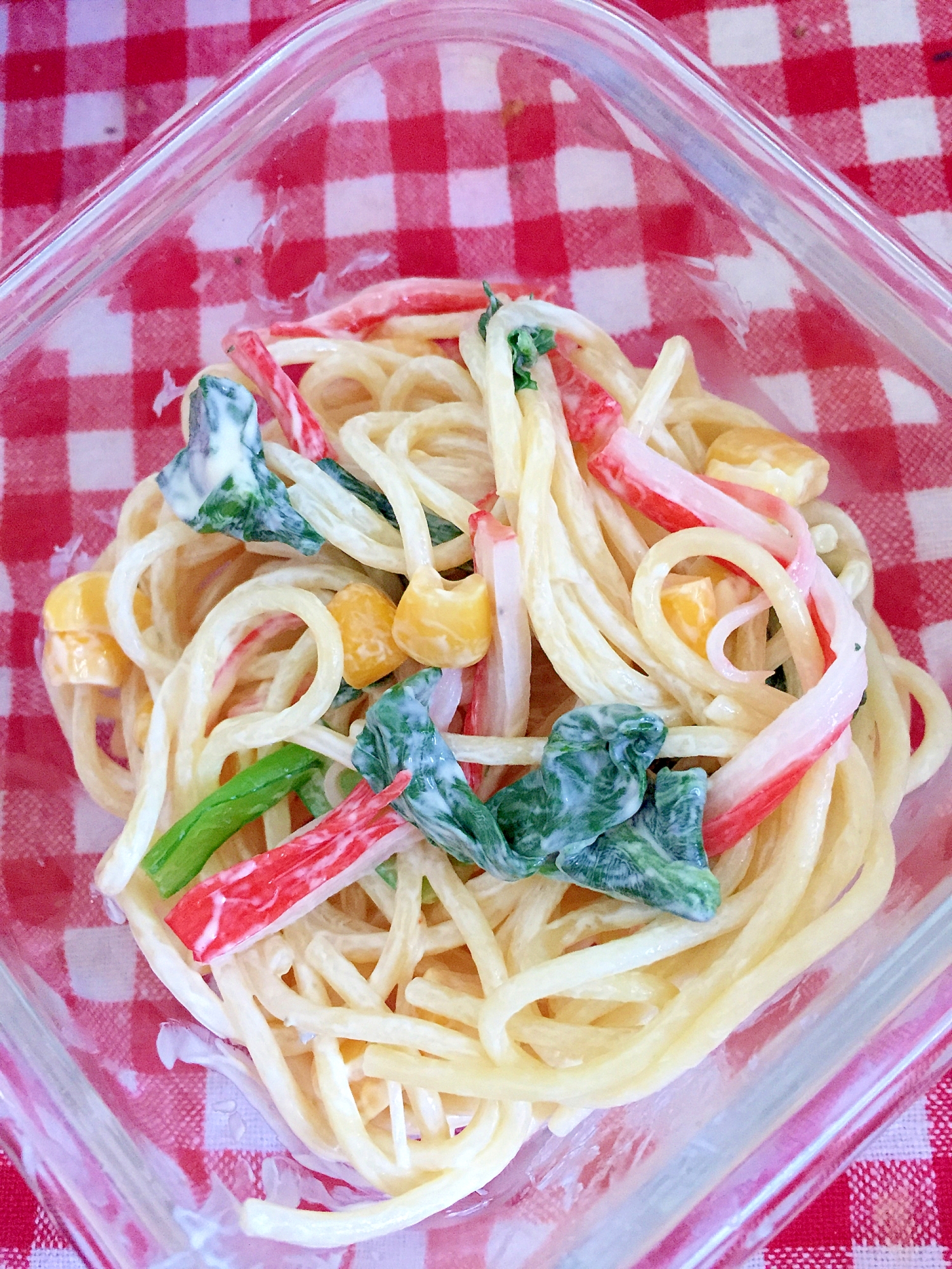 小松菜とカニカマとコーンのスパゲティサラダ☆
