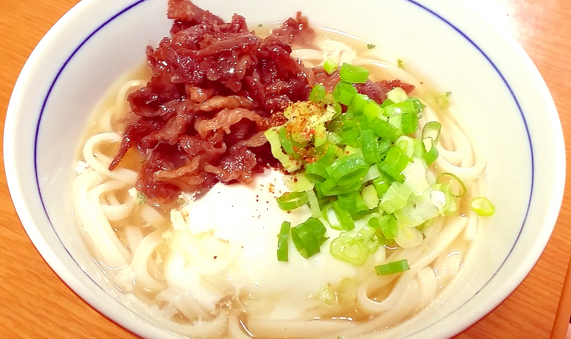 スタミナつけよう！甘辛牛肉温玉うどん☆