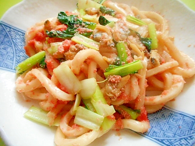 あさりとターサイの明太子焼きうどん