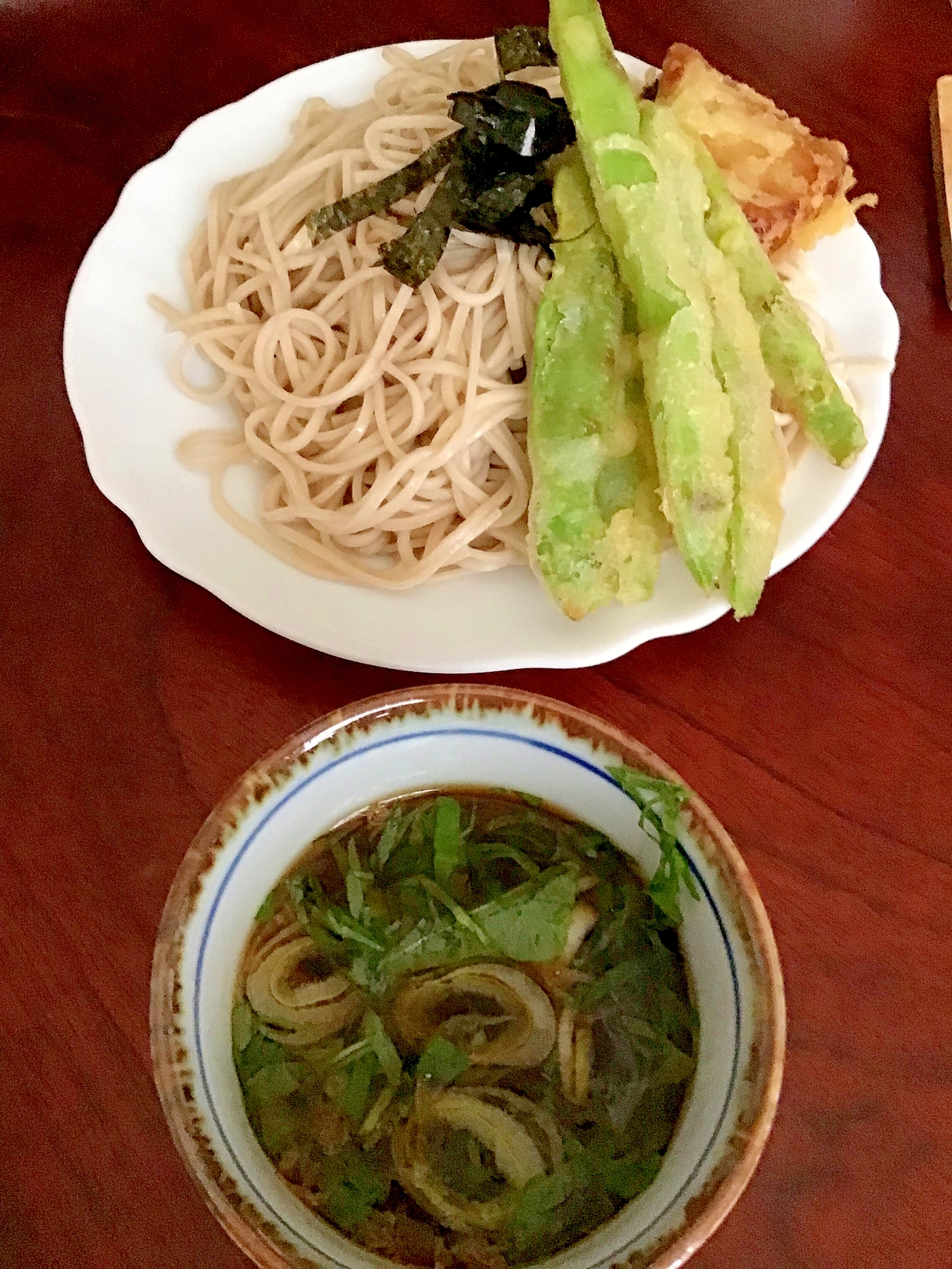 モロッコインゲンの天ぷら蕎麦（もり蕎麦）