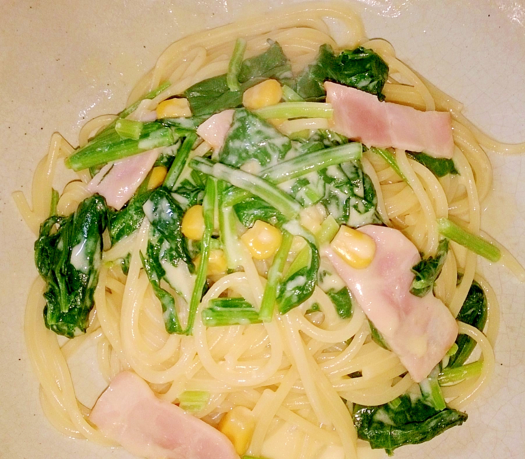 ほうれん草たっぷりコーンクリームスパ レシピ 作り方 By Under The Rose 楽天レシピ