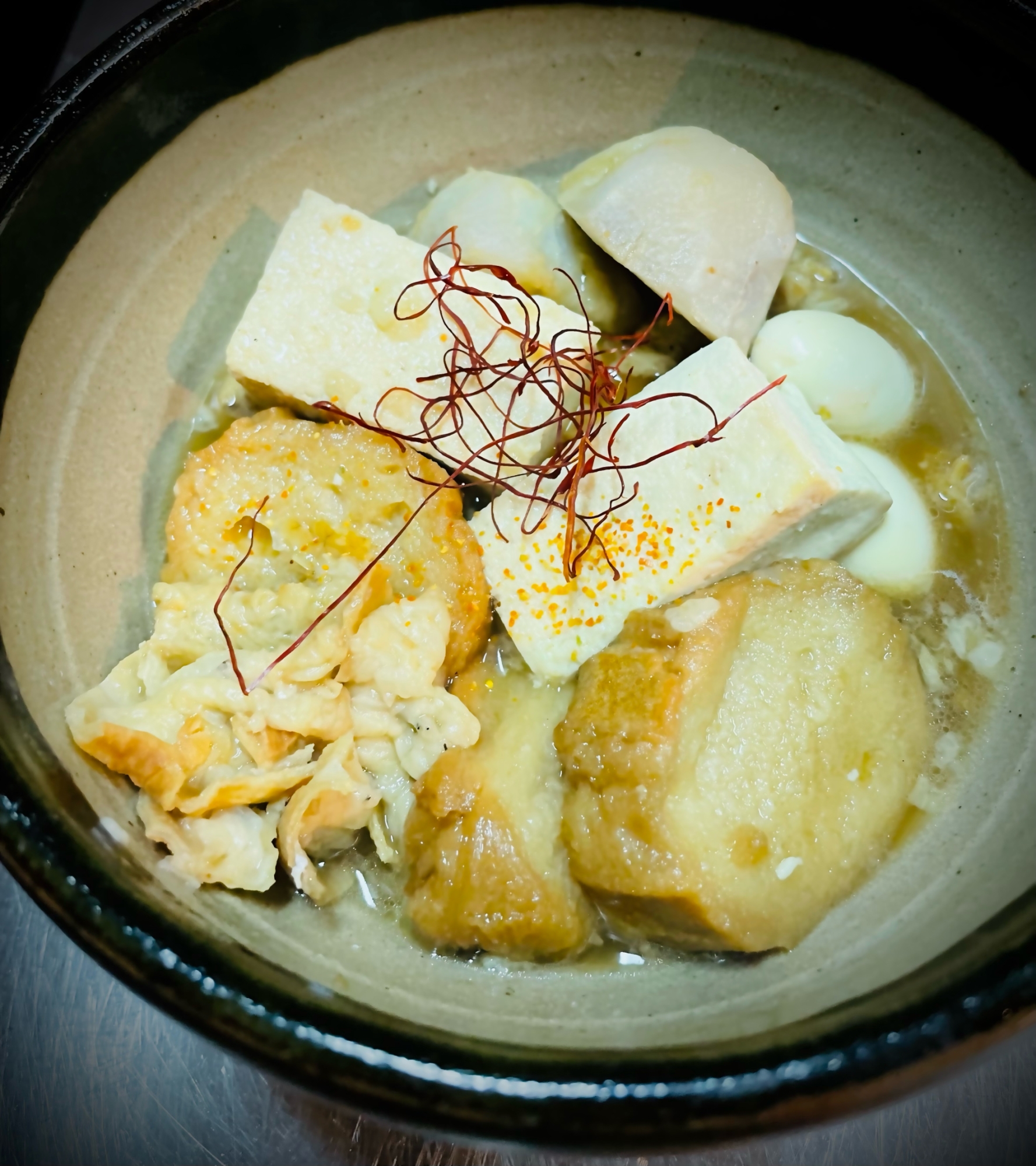 仙台油麩と豆腐と油かすとうずら卵と里芋の煮物♪