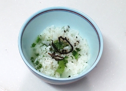 青菜の漬物（広島菜）と塩昆布とごまのお茶漬け