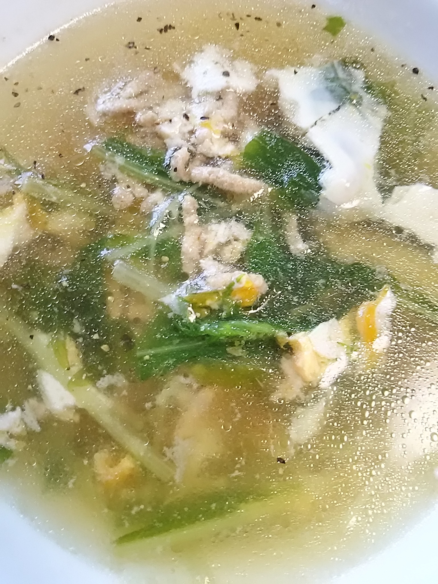 水菜と豚ひき肉の卵スープ(^^)