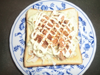 朝食に作ったよ。パパは結構マヨラーだからたっぷりかけたよ。焼き鳥とキャベツがのってるからおかずパンになっていいよね。ごちそう様～♪