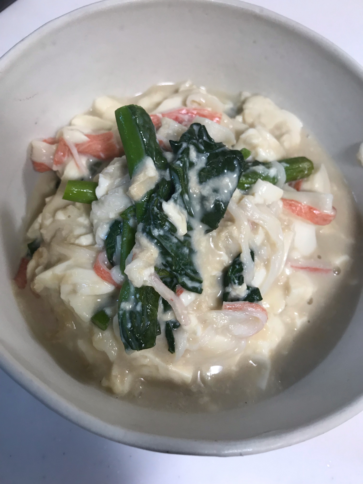 菜の花とカニカマの豆乳スープ煮