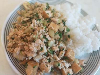 ご飯に乗せて丼にも♡厚揚げとセロリのガパオ風炒め