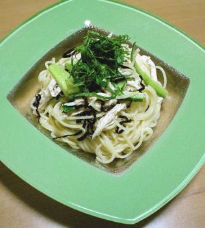 ささみと塩昆布の冷たいパスタ