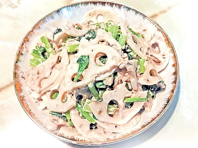 レンジで時短!小松菜とレンコンのマヨサラダ♪