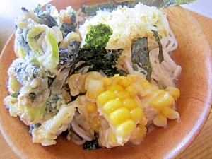 ∝コーンとシメジ葱天ぷら海苔素麺∝