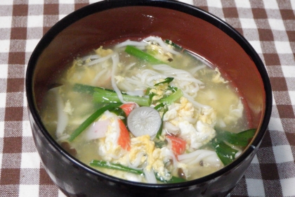 かんたん☆ニラ・きのこ・カニカマの卵♡中華スープ♪