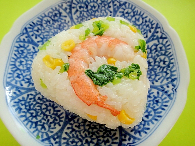 海老とコーン大根の葉の酢飯おにぎり