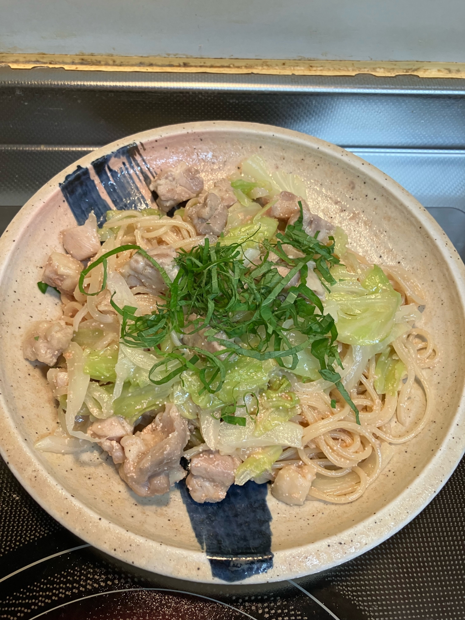 大葉香る♪鶏肉とキャベツの明太パスタ^_^