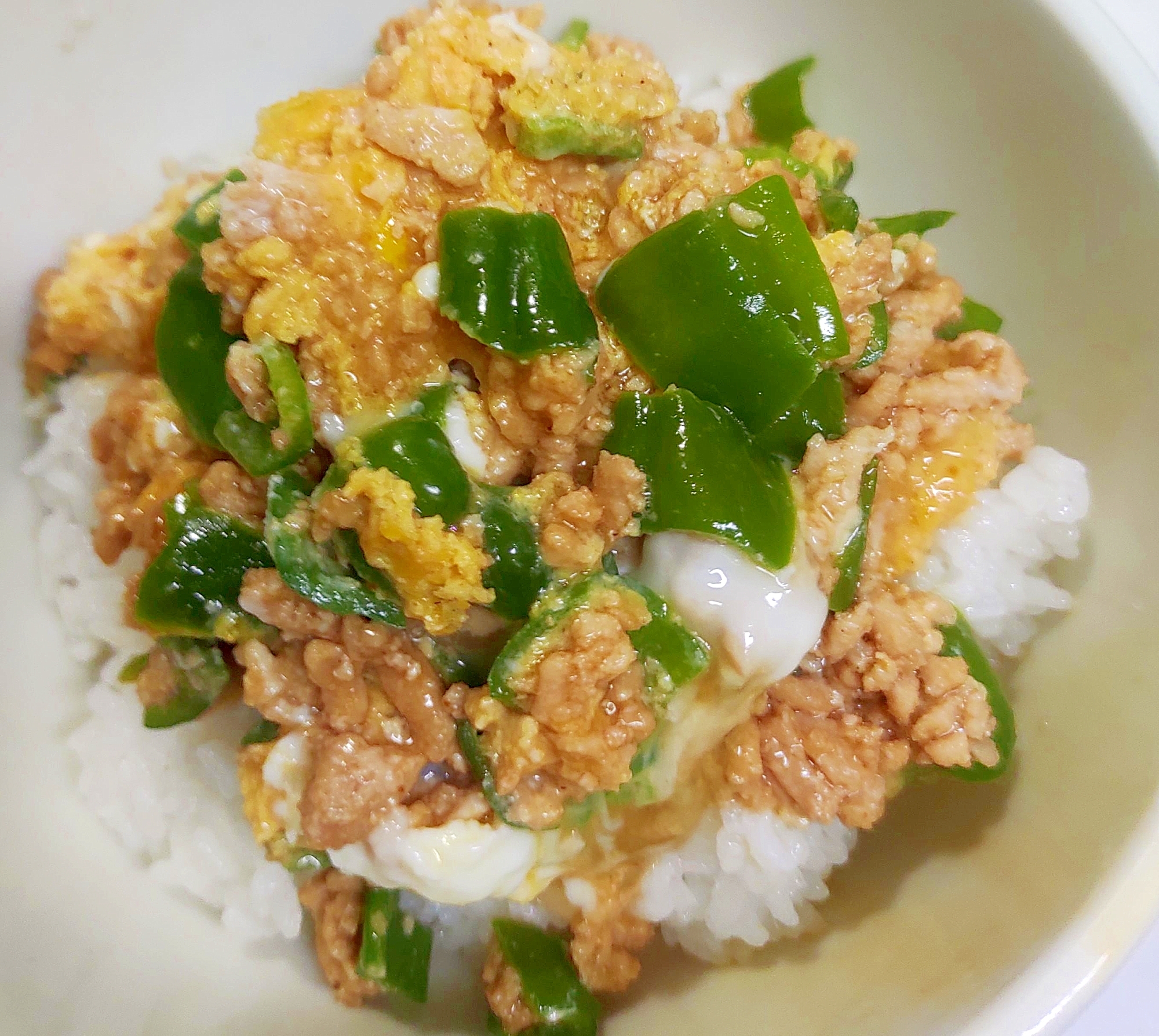 ひき肉とピーマンの玉子丼