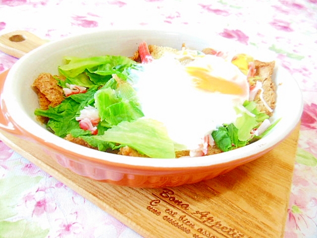 パン耳ｄｅ❤玉葱スープ+レタスとカニかまの卵とじ❤