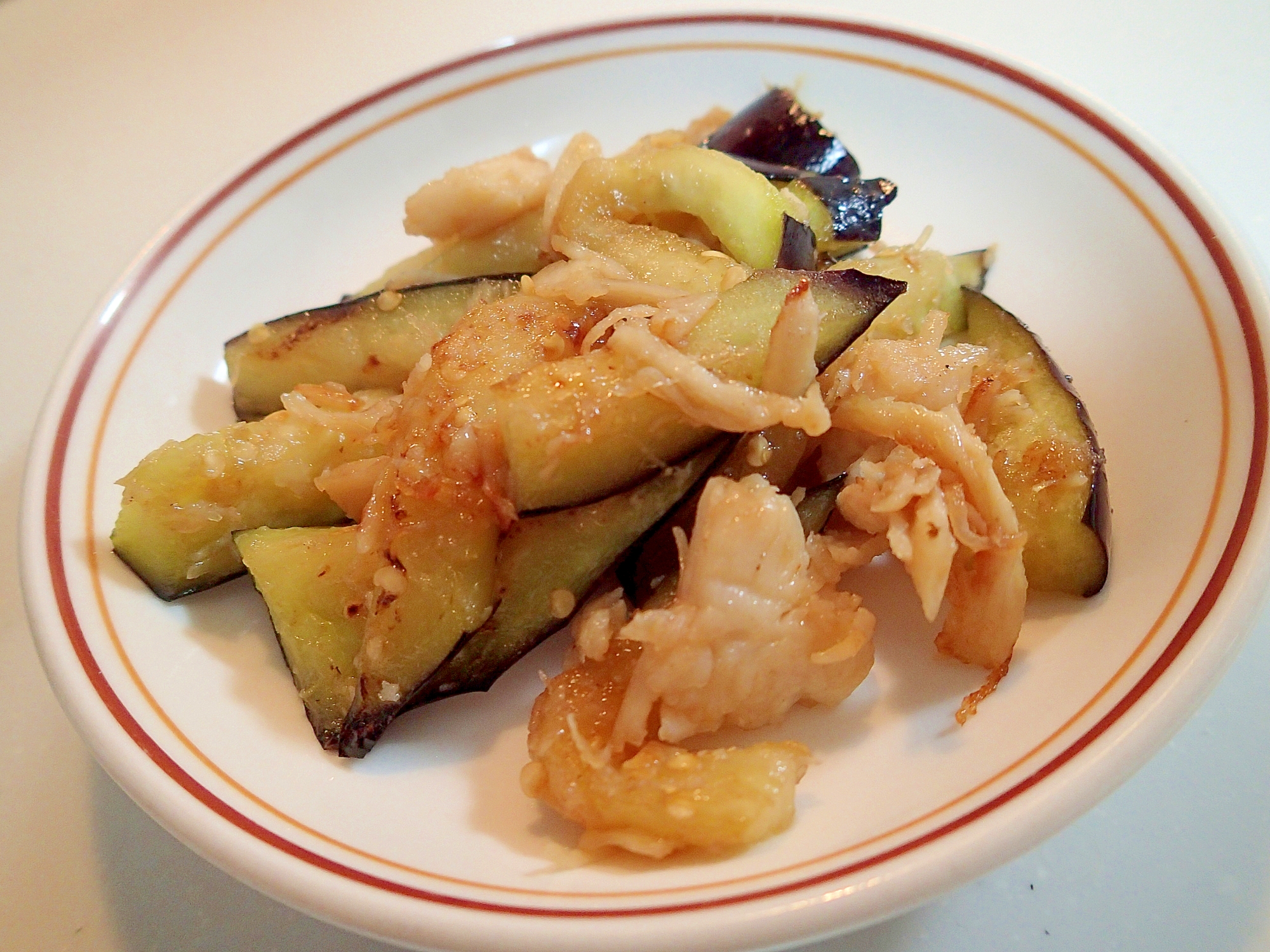 茄子とサラダチキンの甘辛炒め