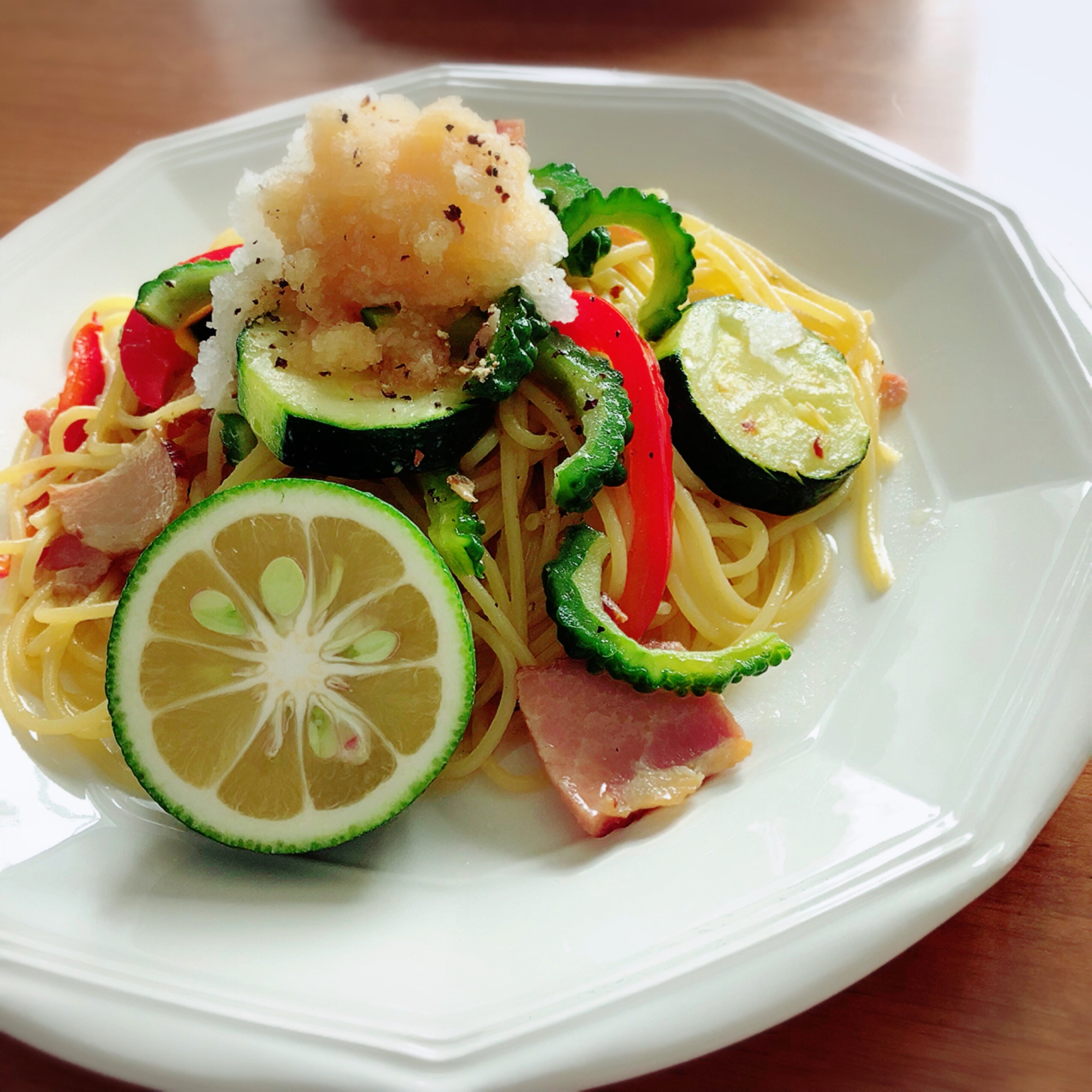 ニンニクなしの夏野菜の大根おろしパスタ