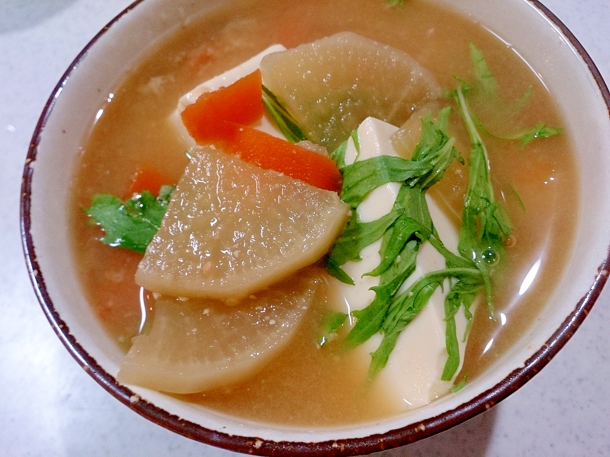 大根と水菜と絹ごし豆腐の味噌汁(圧力鍋)