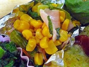 小松菜とコーンとハムのバター焼き