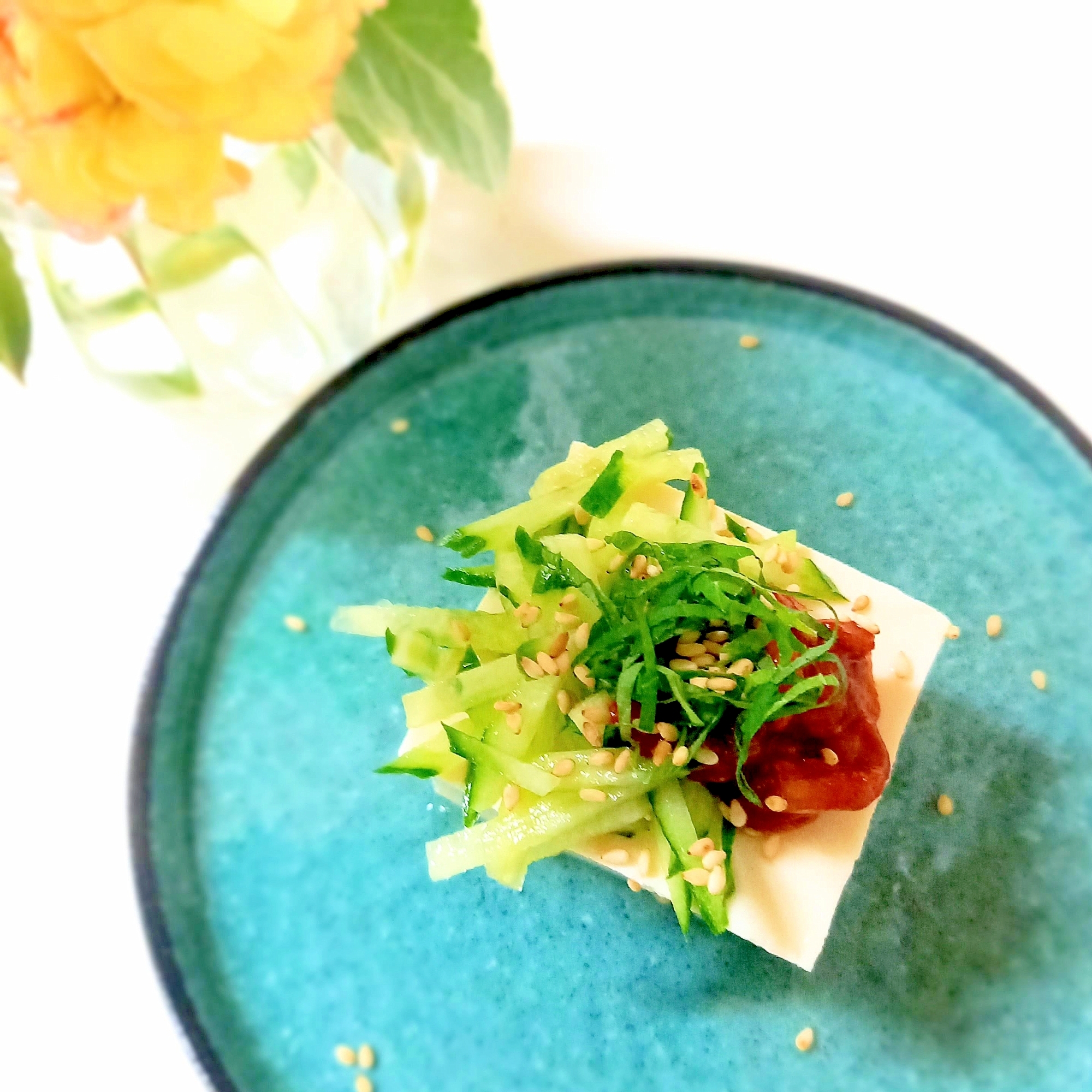 おつまみにᕷ* チャンジャと胡瓜と大葉の冷奴ꕤ୭*