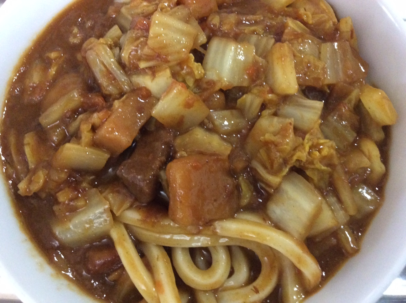 白菜と鰹節のインスタントカレーうどん