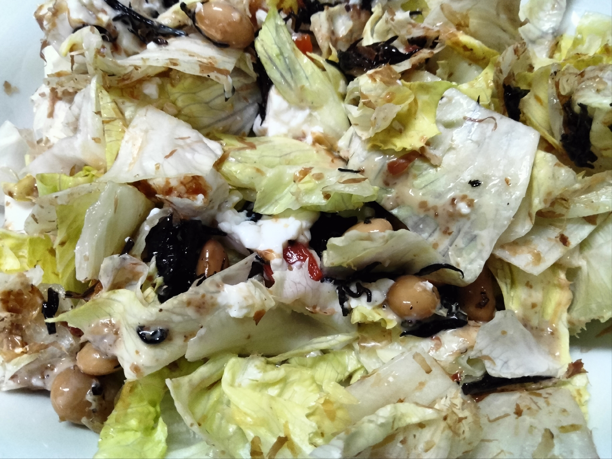 豆腐 大豆 鰹節レタスのごまドレッシング和え