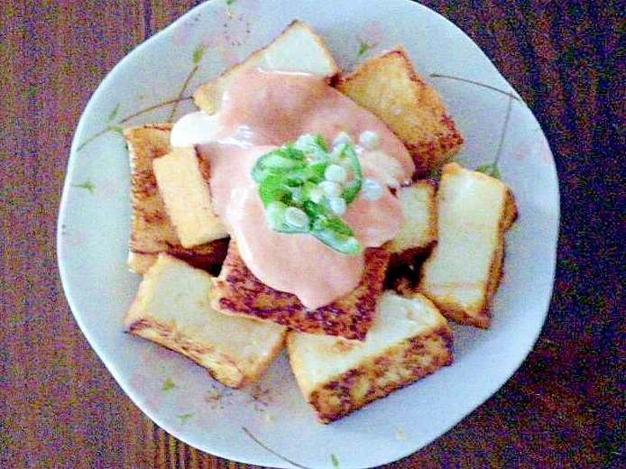 厚揚げ豆腐のオクラオーロラソースかけ