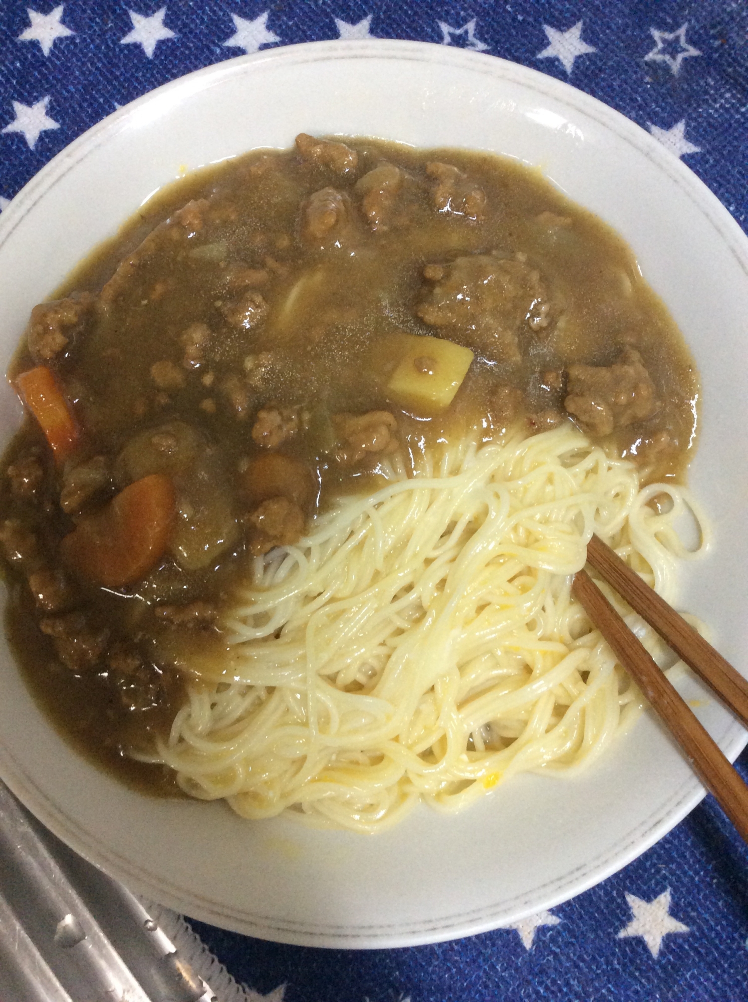 カレーそうめん♪生卵絡め