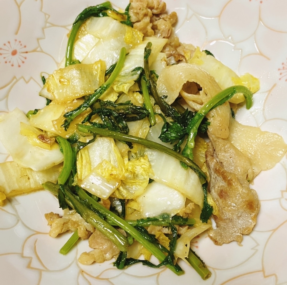 豚バラと白菜と春菊の辛子醤油炒め