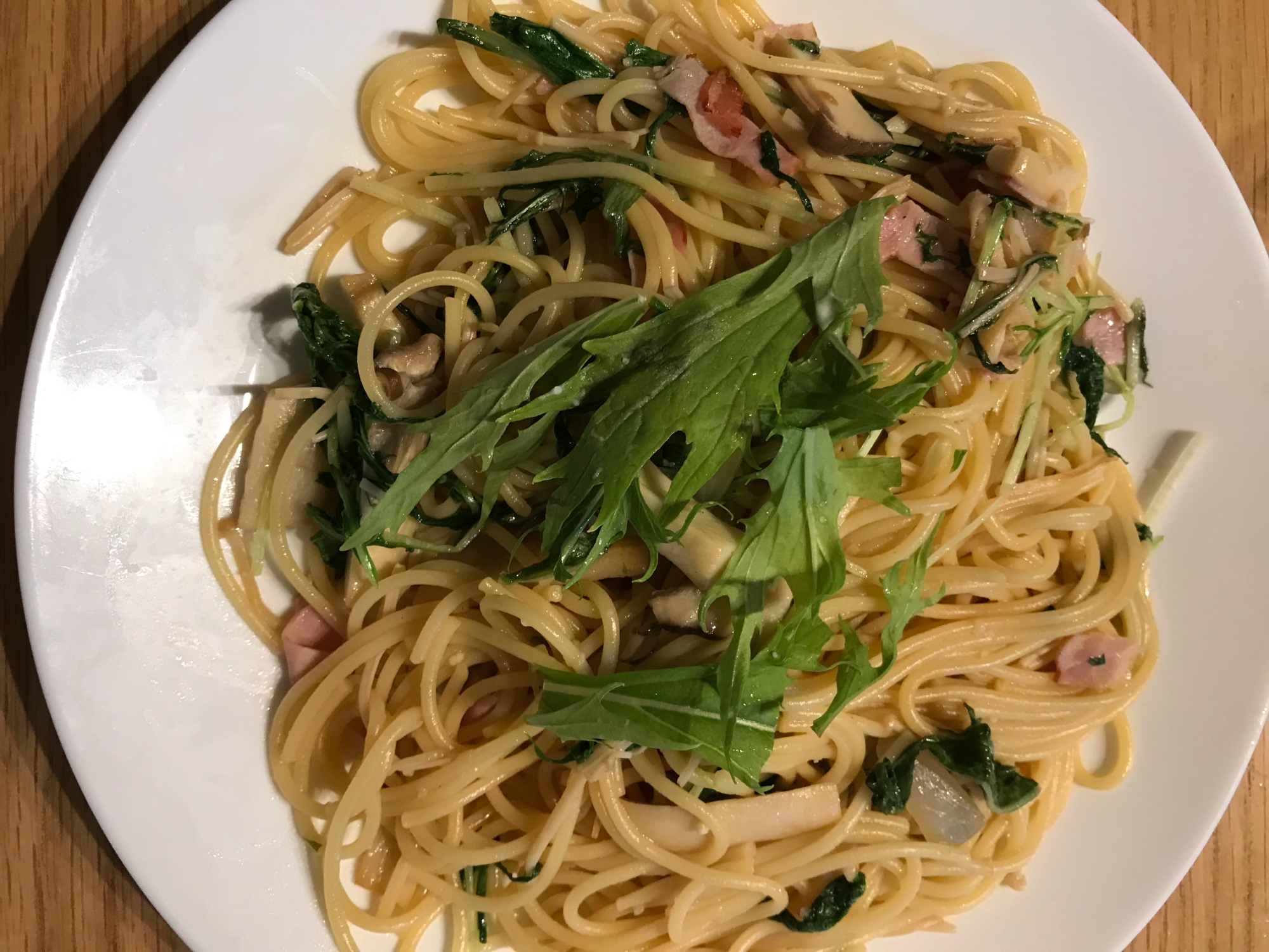 めんつゆで簡単♪キノコとベーコンと水菜のパスタ